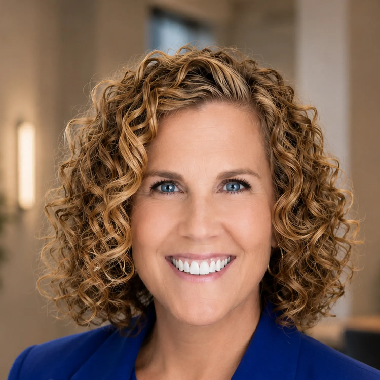 Woman with curly hair in a blue blazer, smiling, standing in an open office area near a conference table