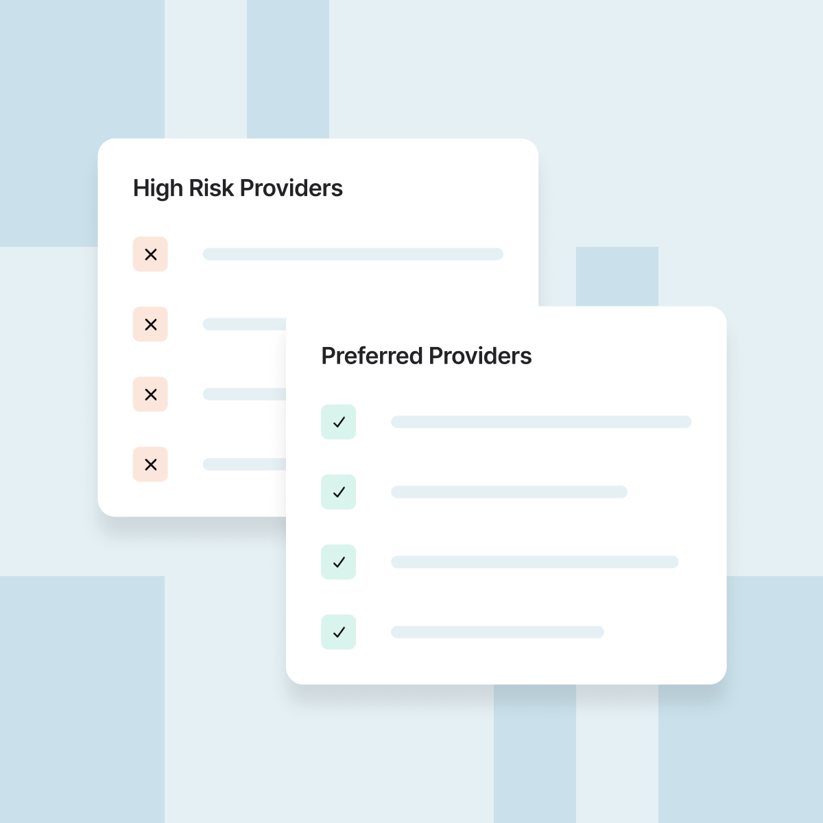 Overlapping panels compare high-risk providers, marked with orange X icons, with preferred providers, marked with green check icons.