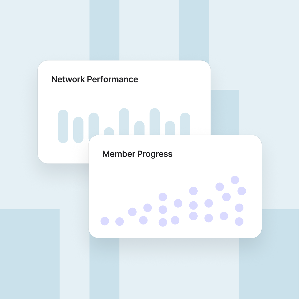 Overlapping dashboard cards show a bar chart for network performance and a dot chart indicating generally increasing member progress.